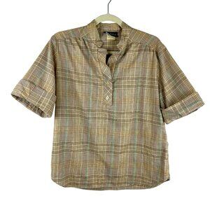 Vintage 80s Carousel Plaid Shirt Women Large Brown Popover‎ Short Sleeve Retro